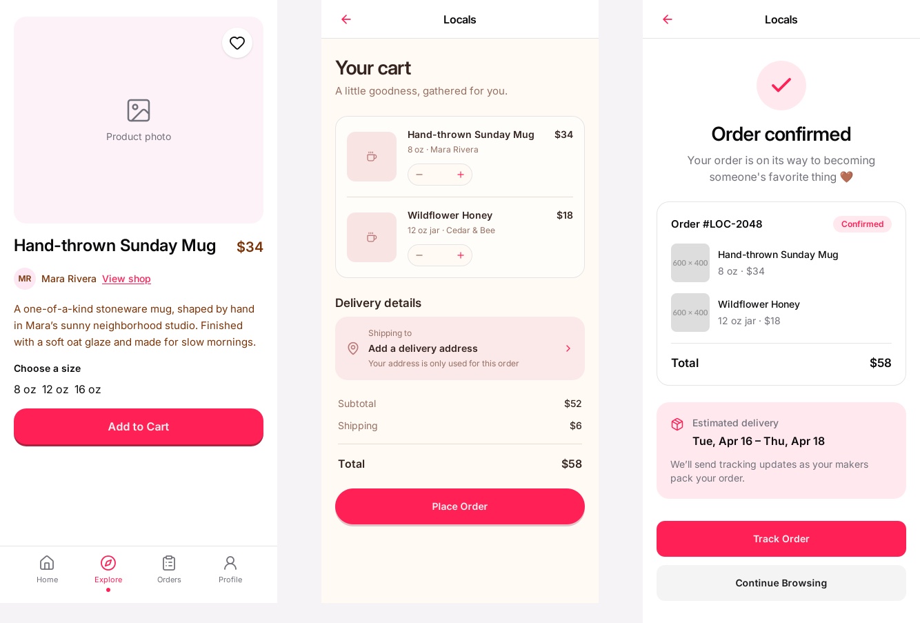 Three Locals app screens showing a product page, shopping cart and order confirmation.
