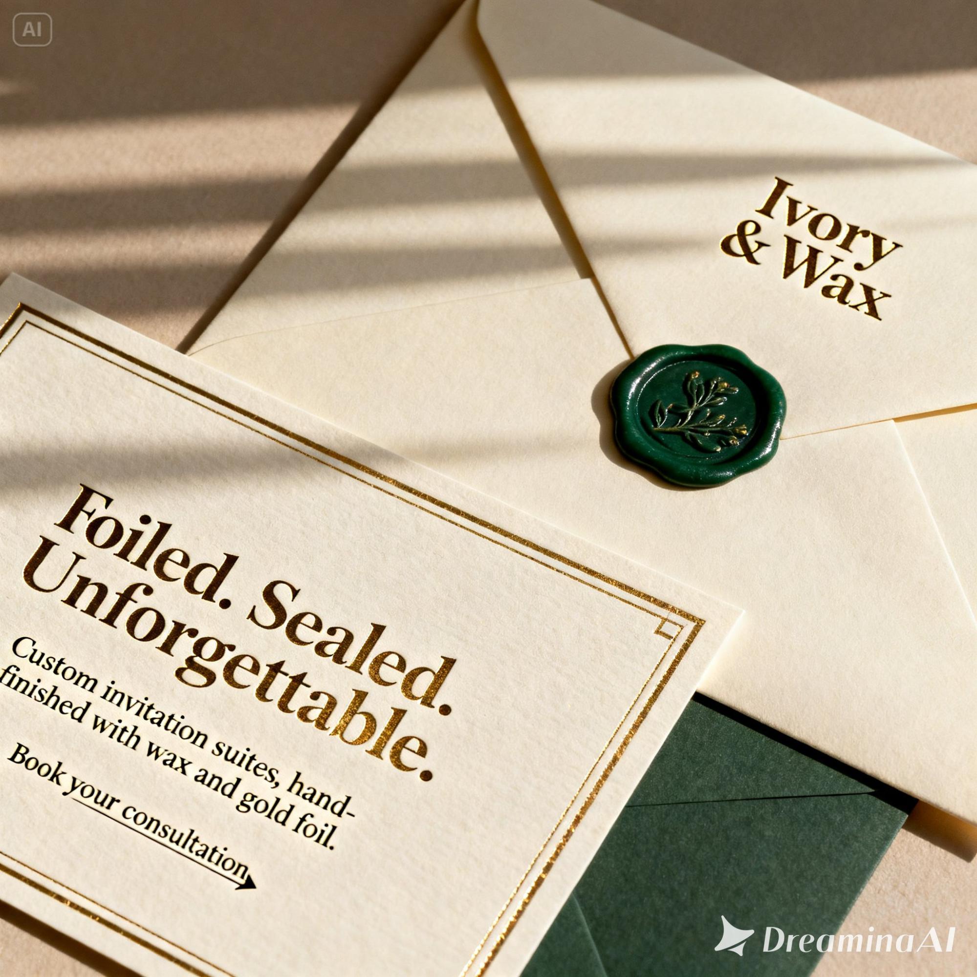 AI-generated Ivory & Wax invitation mockup with a green wax seal, gold foil headline and cream envelopes.