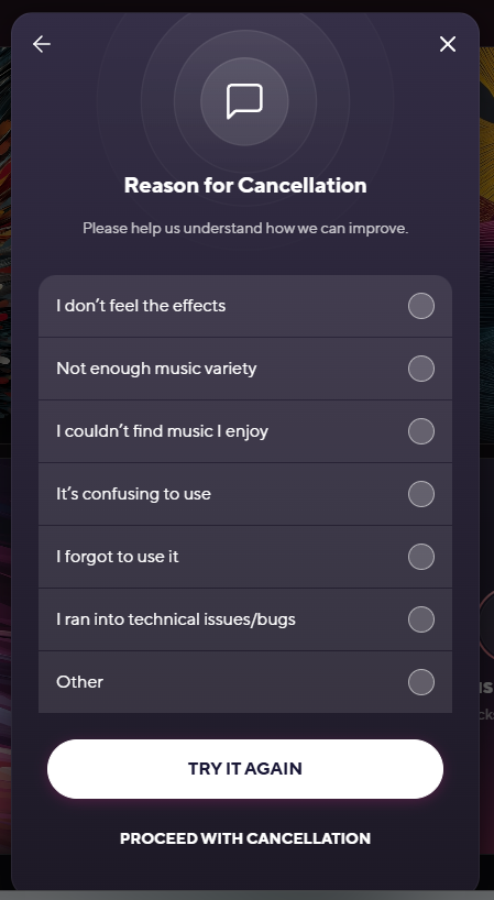 Dark-themed app cancellation pop-up listing reasons for leaving, with "Try it again" and "Proceed with cancellation" buttons.