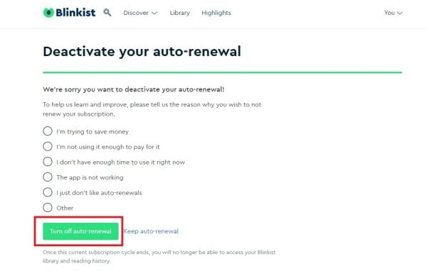 Blinkist cancellation page asking why the user wants to turn off auto-renewal, with a highlighted "Turn off auto-renewal" button.