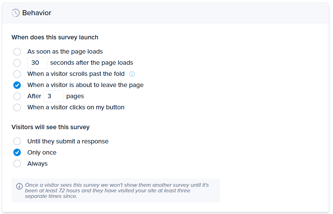 Survey behavior settings with "when a visitor is about to leave the page" and "only once" selected.