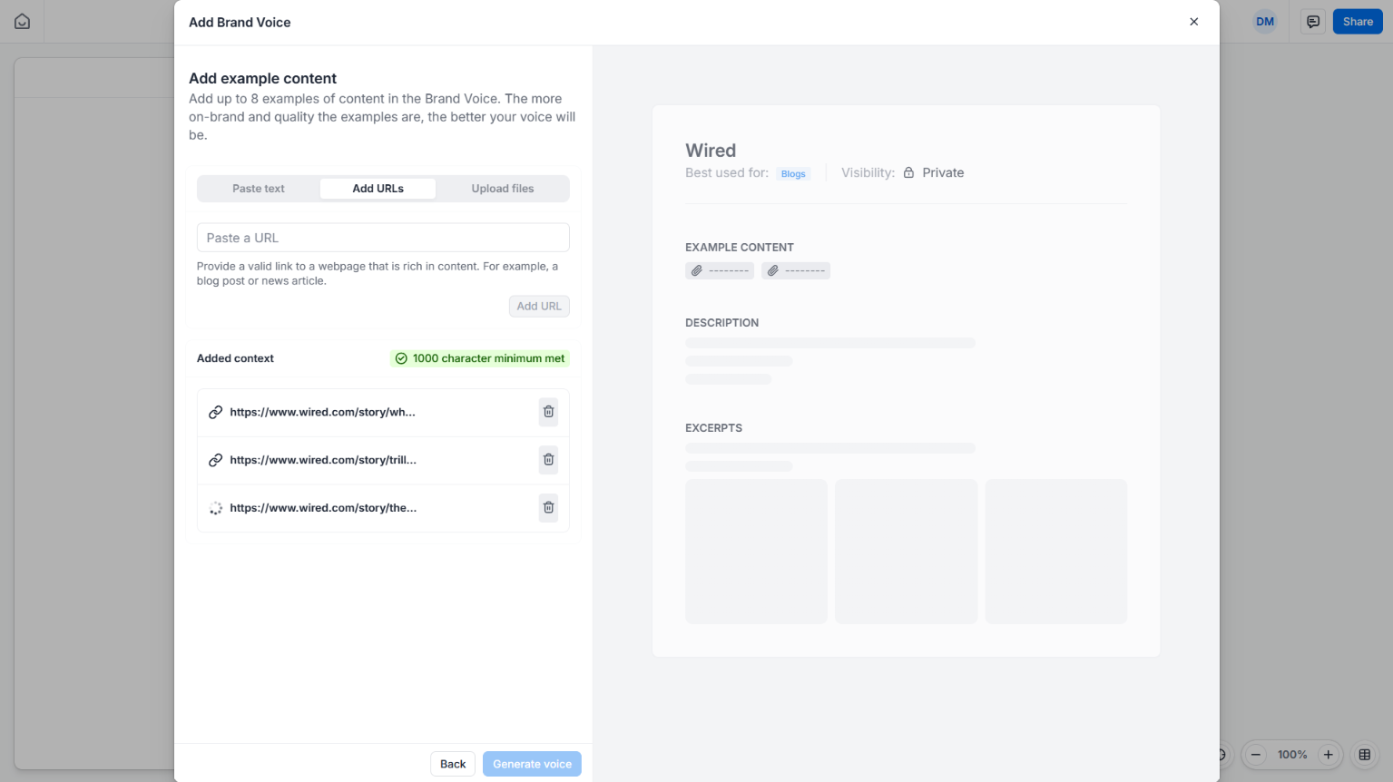 Brand Voice setup dialog with three Wired article URLs added as example content.