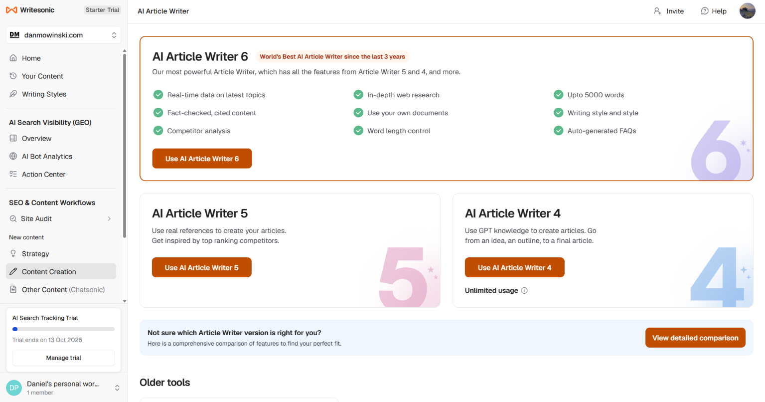 Writesonic AI Article Writer page comparing versions 4, 5, and 6.