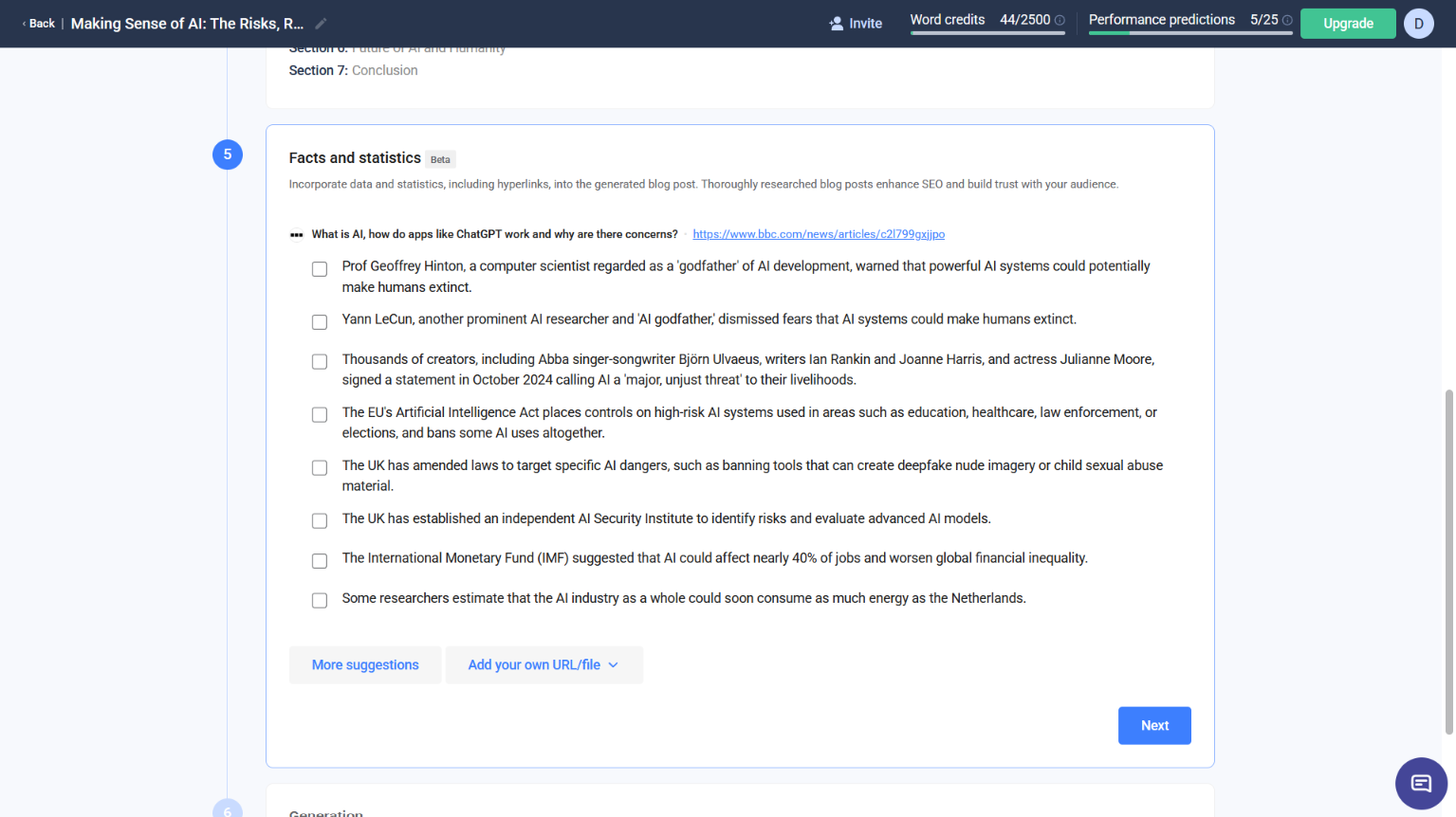 Blog tool’s “Facts and statistics” step with a checklist of AI-related facts sourced from the BBC.