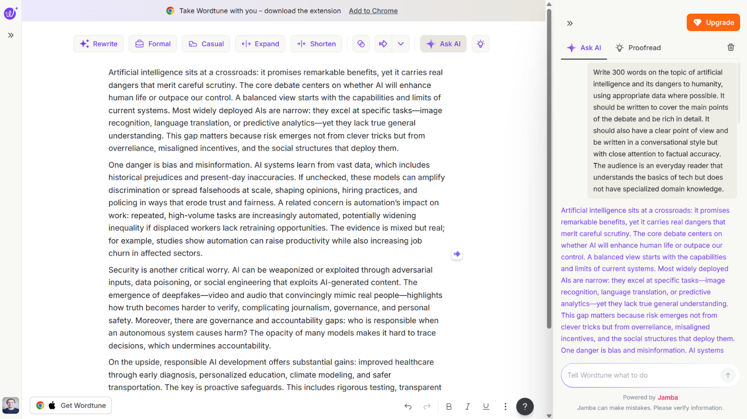 Wordtune editor with a 300-word AI-generated essay on AI risks beside the prompt panel.