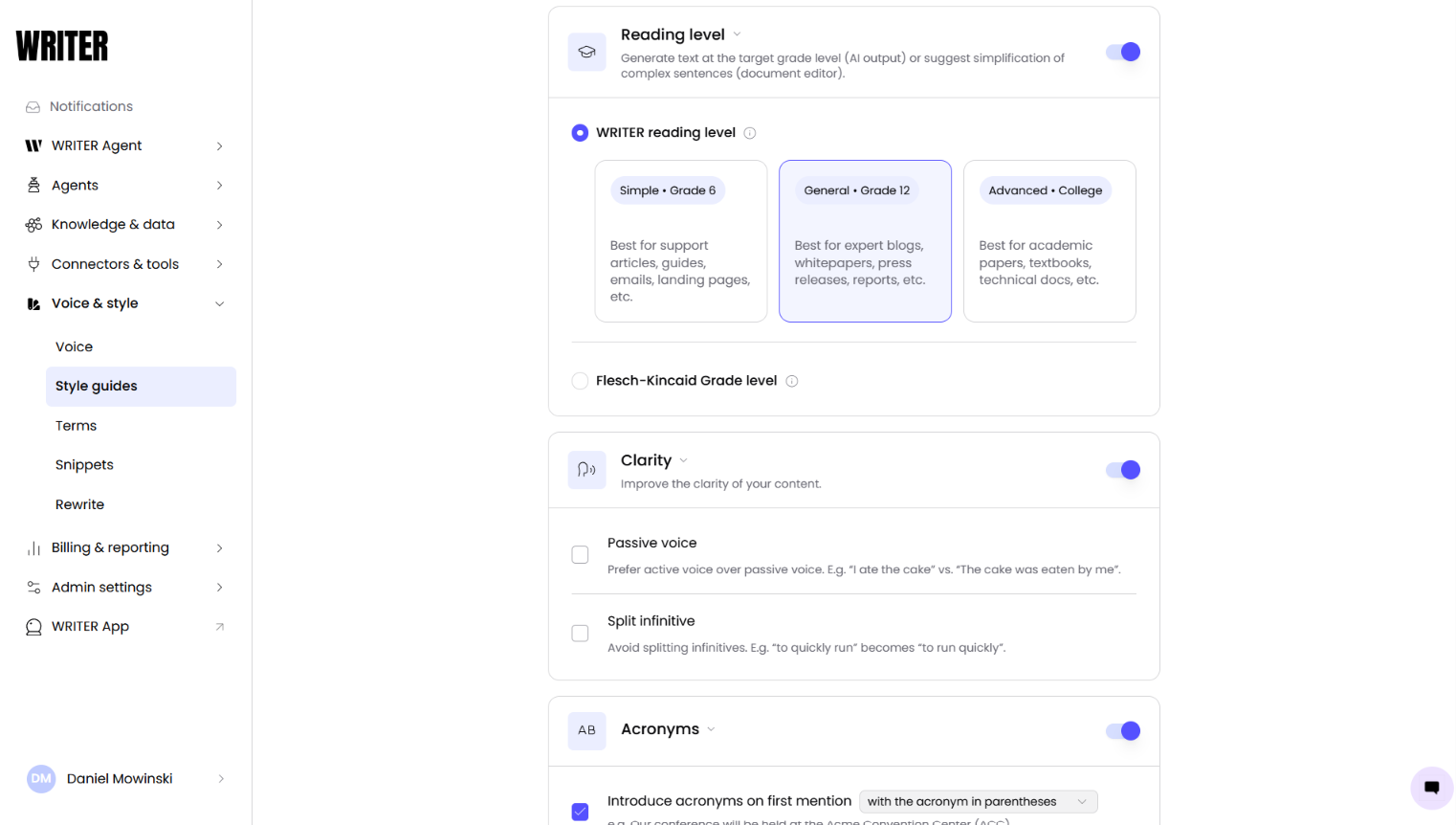 Writer settings page with reading level options, clarity rules, and acronym handling.