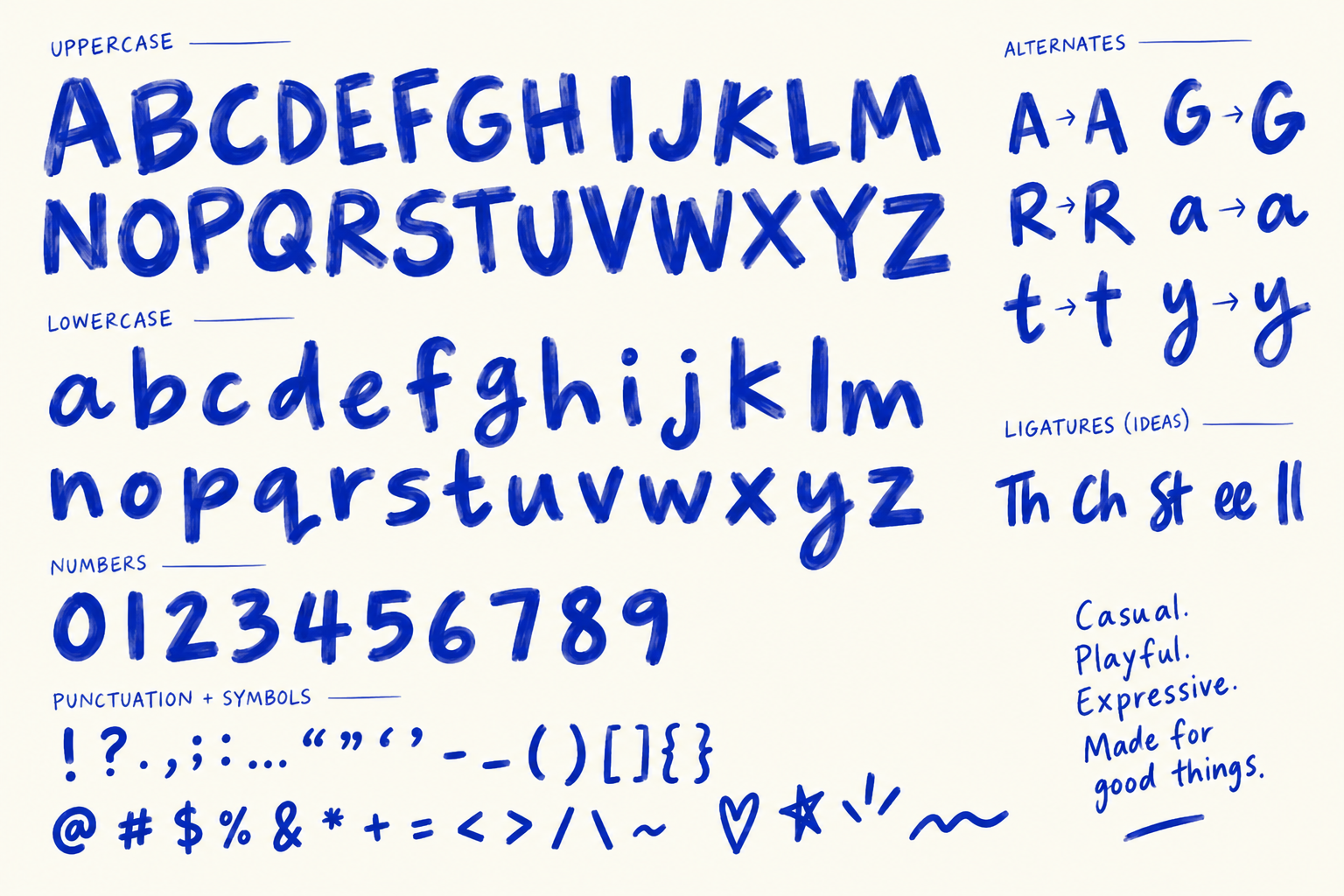 Specimen sheet for a blue hand-painted typeface, showing uppercase, lowercase, numbers, symbols and alternates.
