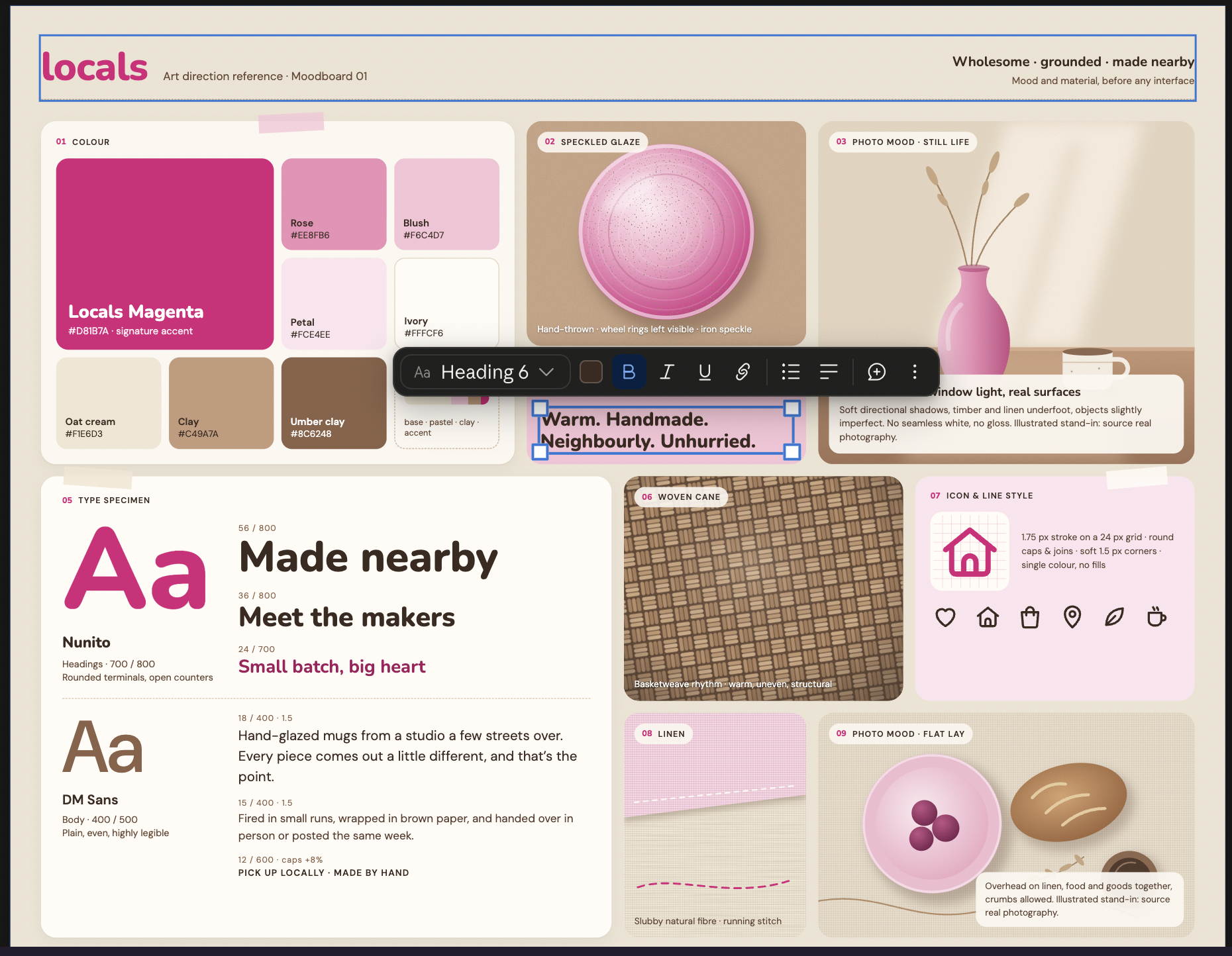 Art direction moodboard for a brand called Locals, with pink color swatches, type specimens, textures and icons.