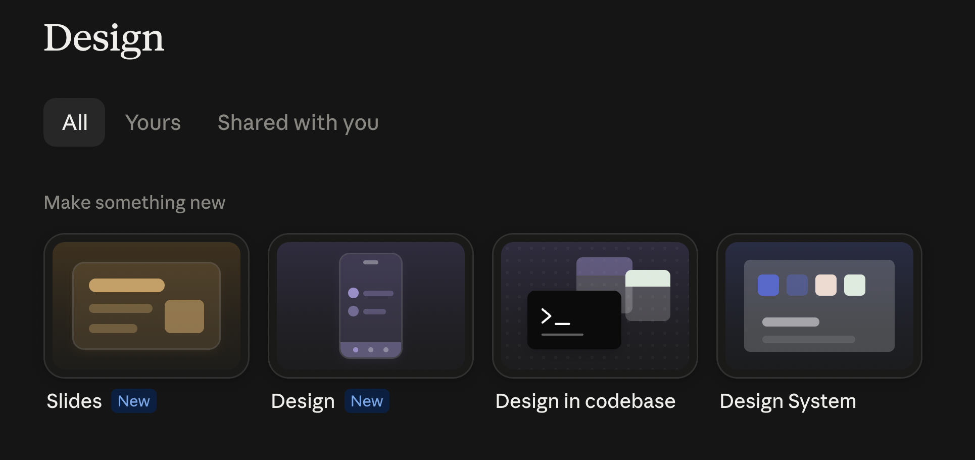 Design menu with options for Slides, Design, Design in codebase and Design System.