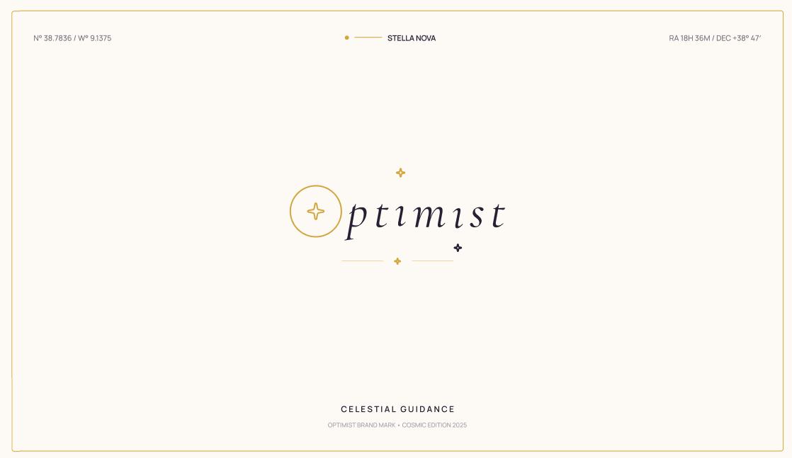 Optimist brand mark with a gold circle and star on a cream card with coordinates and โCelestial Guidance.โ