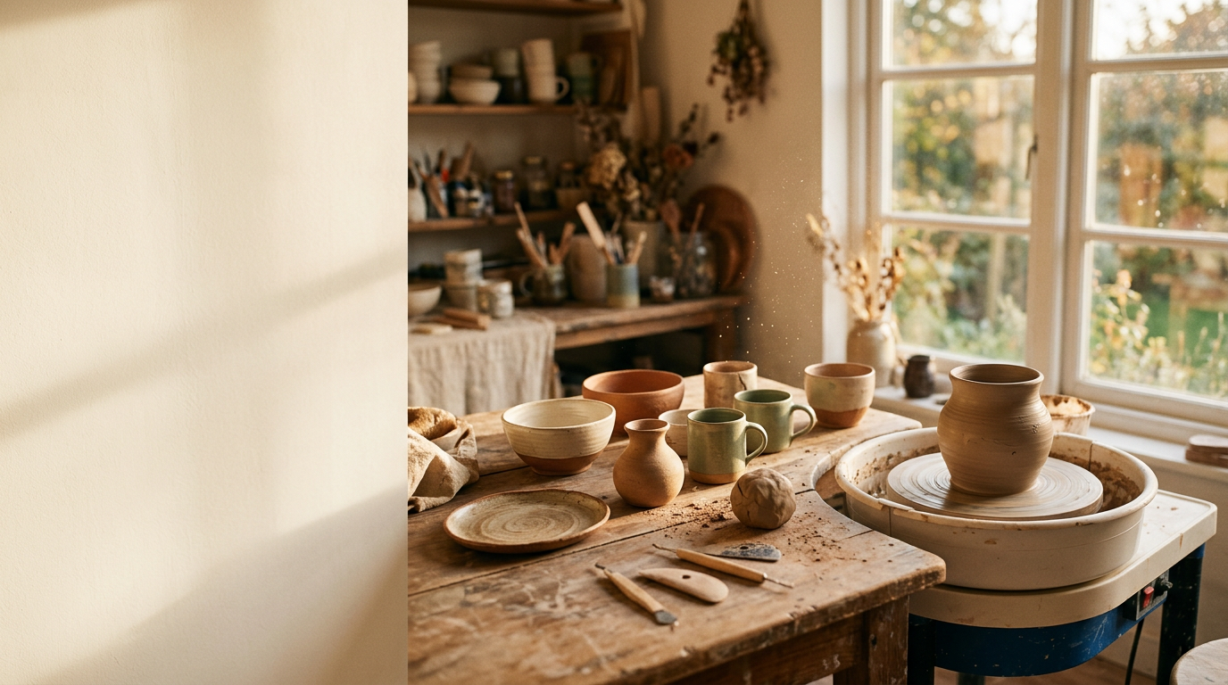 Warm pottery studio with a worktable of bowls and mugs, a wheel and a bright window.