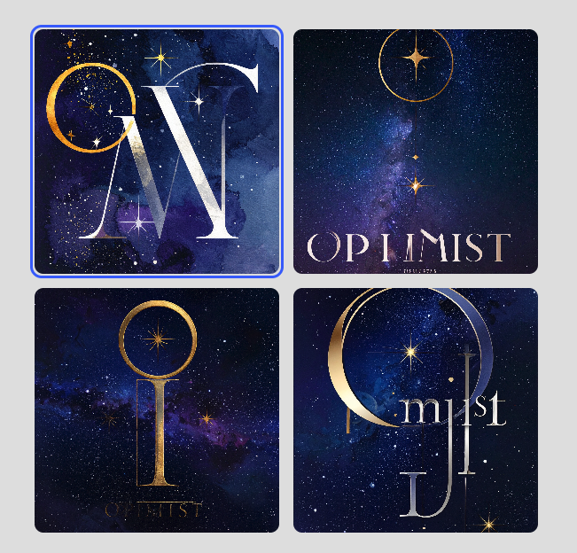 Four starry night sky logo options for Optimist, with gold and silver lettering.