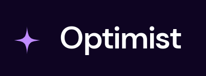 Optimist logo in white text with a purple sparkle on a dark background.