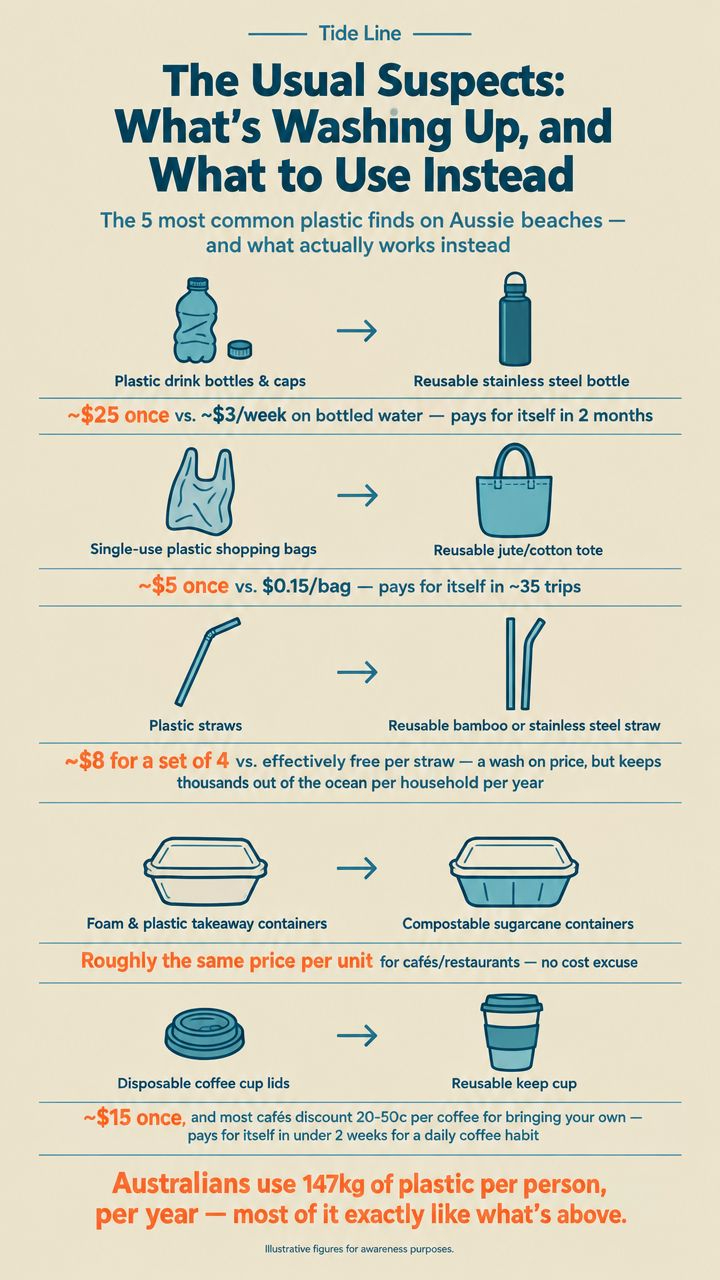 Simple infographic titled โThe Usual Suspectsโ pairing five plastic items with reusable alternatives.