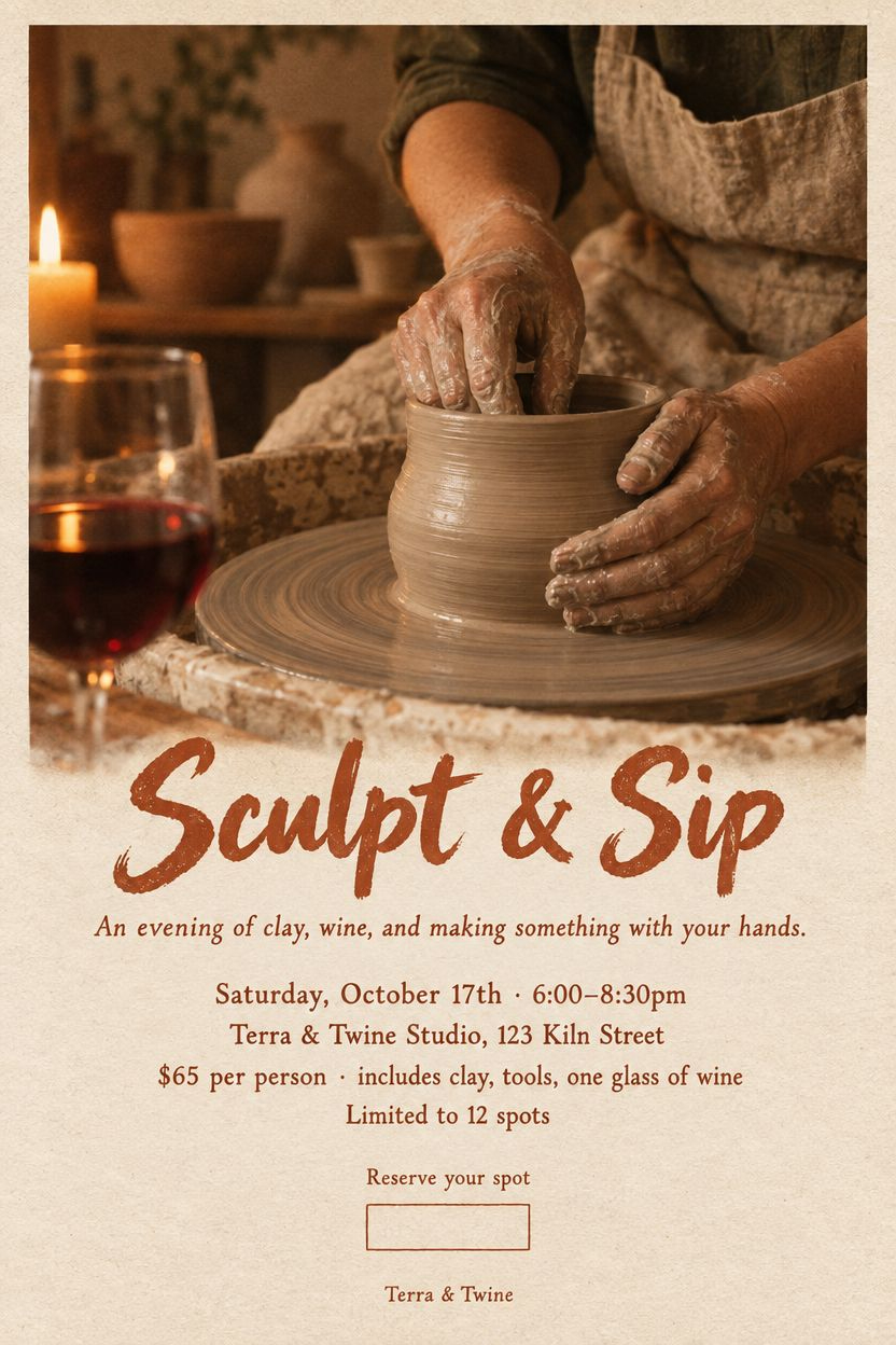 Sculpt & Sip poster in a rust brush script with a close-up of hands shaping clay and a glass of wine.