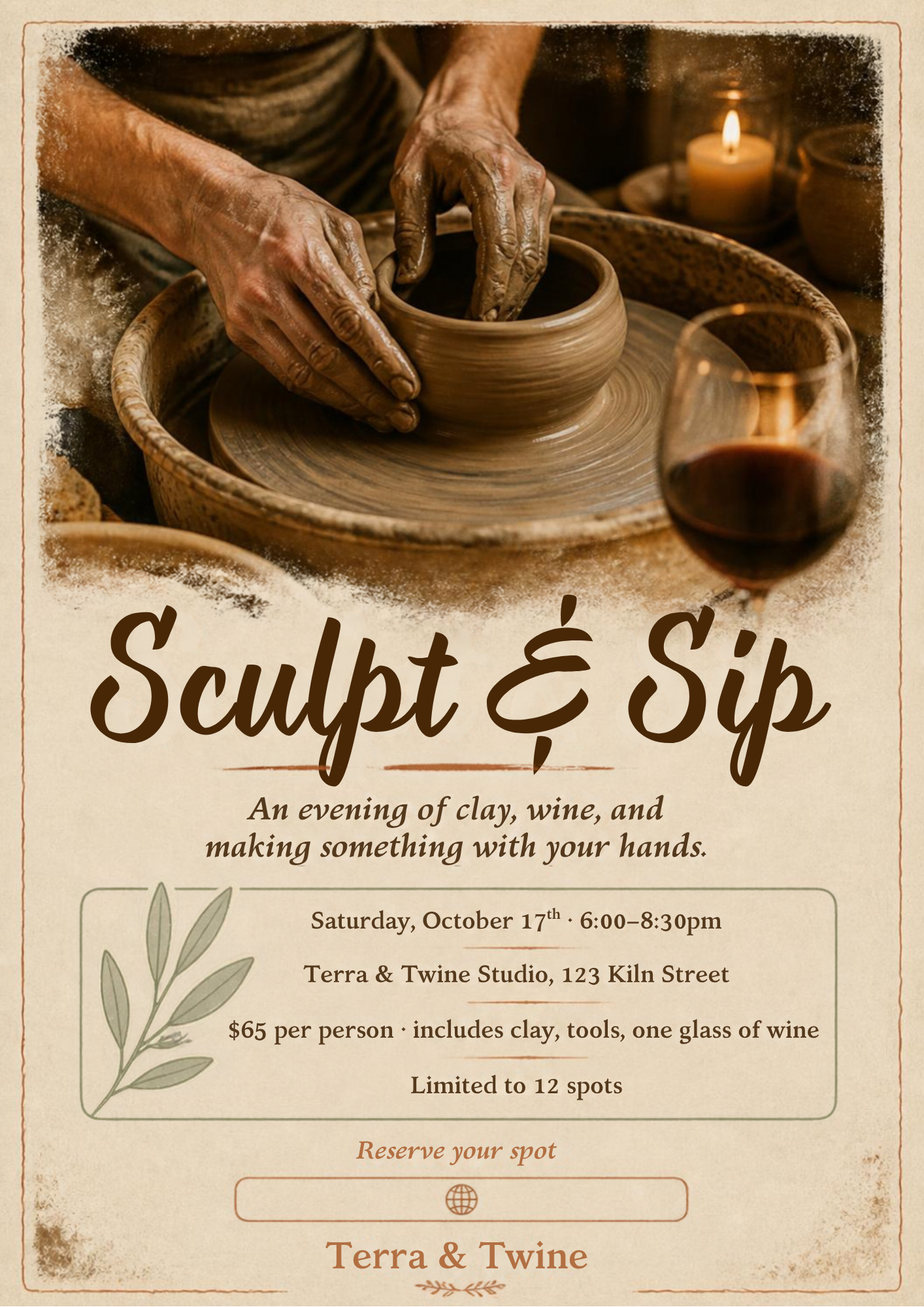 Sculpt & Sip event poster showing hands shaping clay on a pottery wheel next to a glass of red wine.