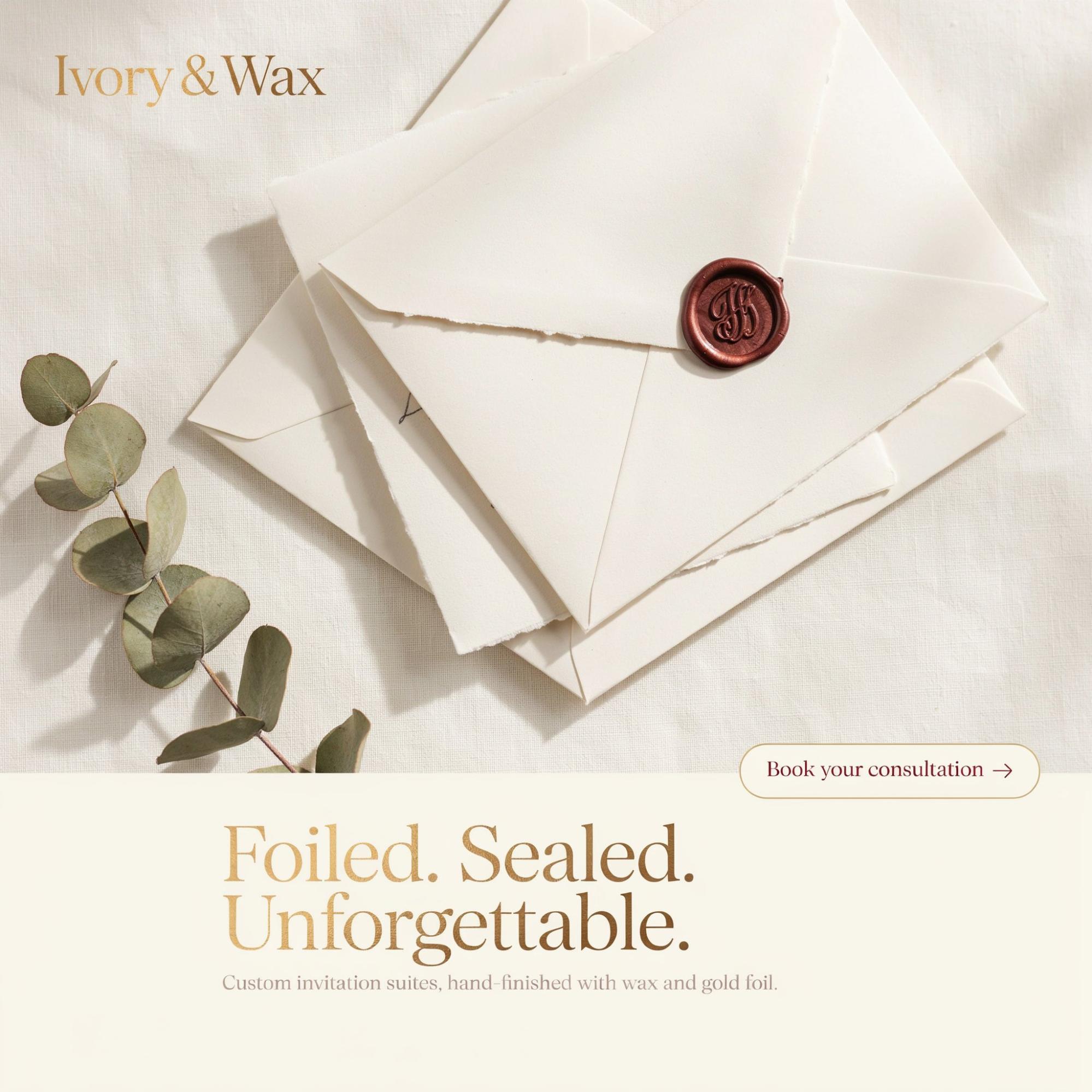 Social ad for Ivory & Wax showing cream envelopes with a red wax seal and eucalyptus, with the headline โFoiled. Sealed. Unforgettable.โ