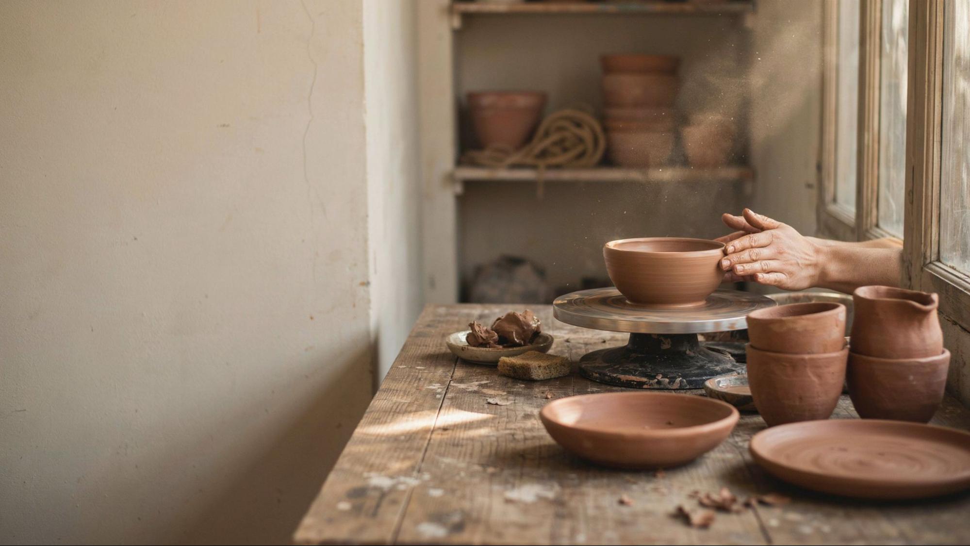 Sunlit pottery studio with hands shaping a clay bowl on a wheel and terracotta pieces on a wooden table.