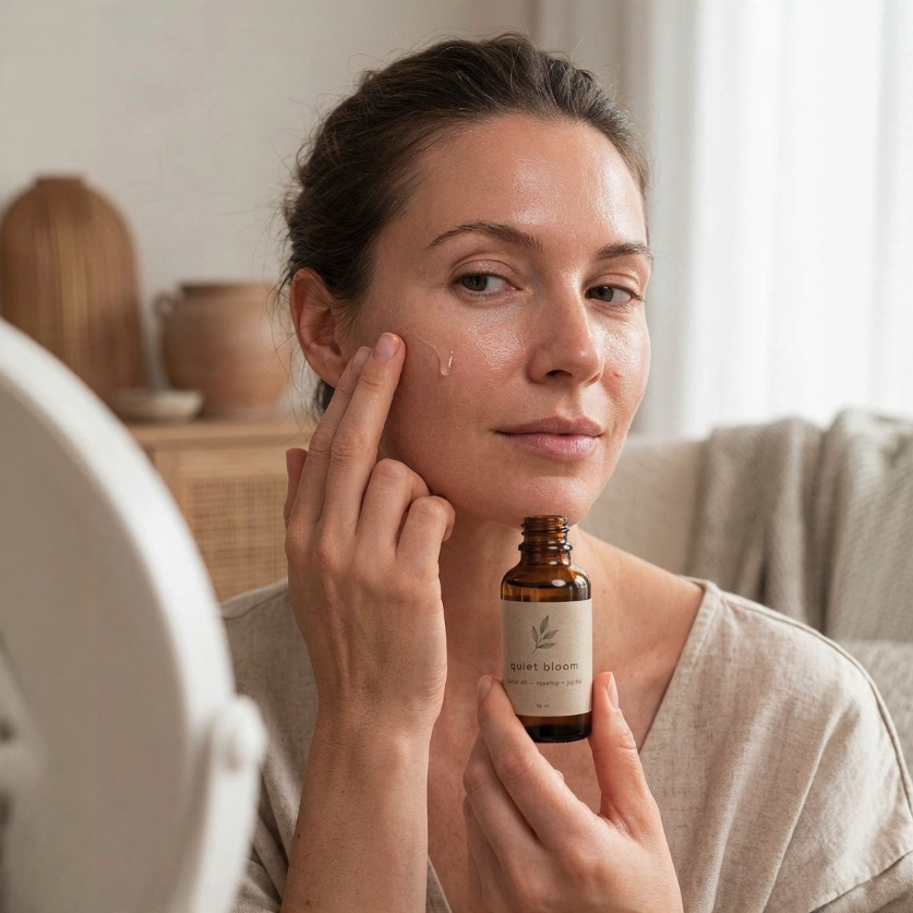 Woman applying facial oil to her cheek while holding a Quiet Bloom bottle in a bright, neutral room.