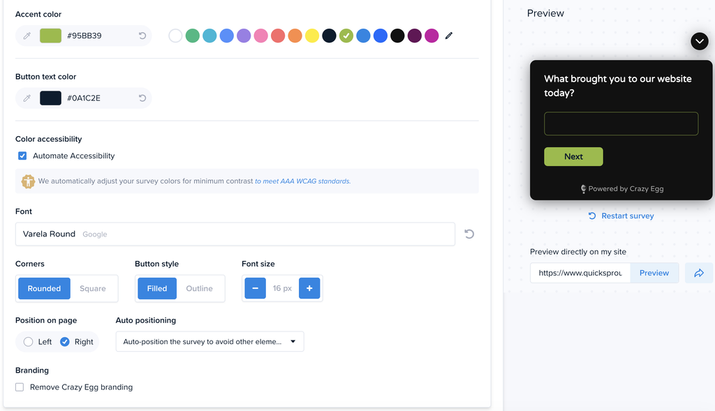 Screenshot of the design customization settings for Surveys in Crazy Egg.