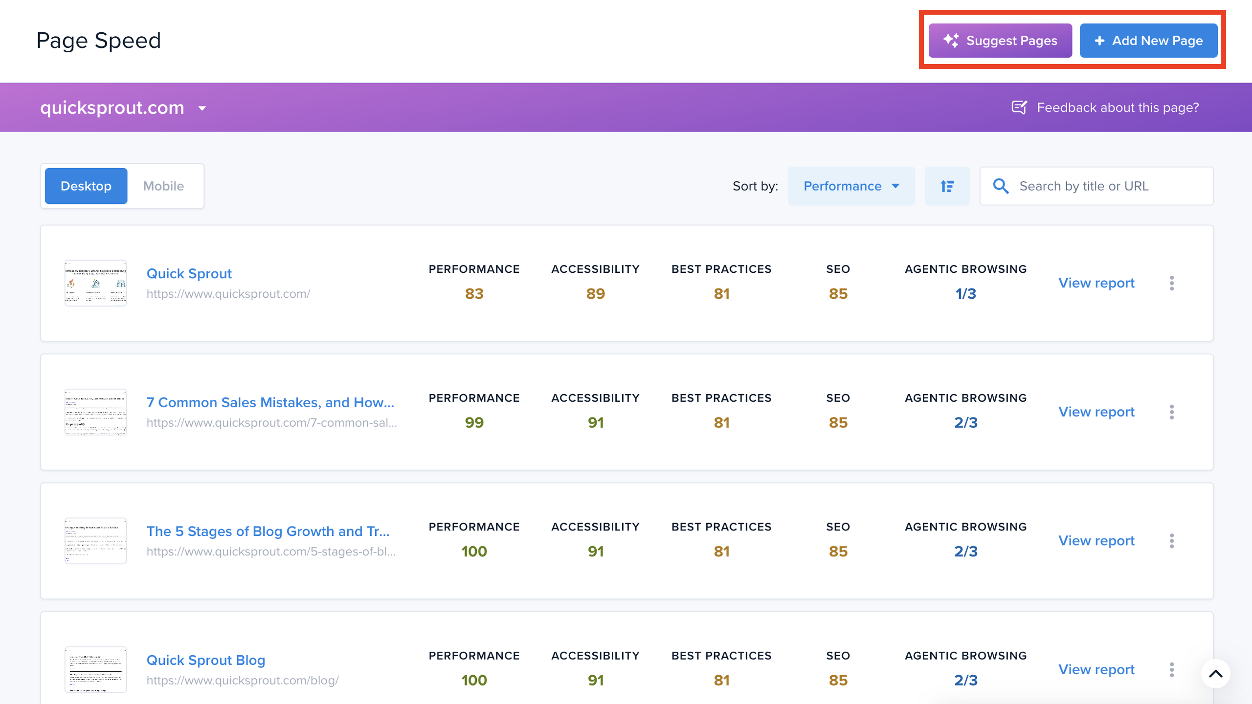 See suggested pages for Page Speed monitoring