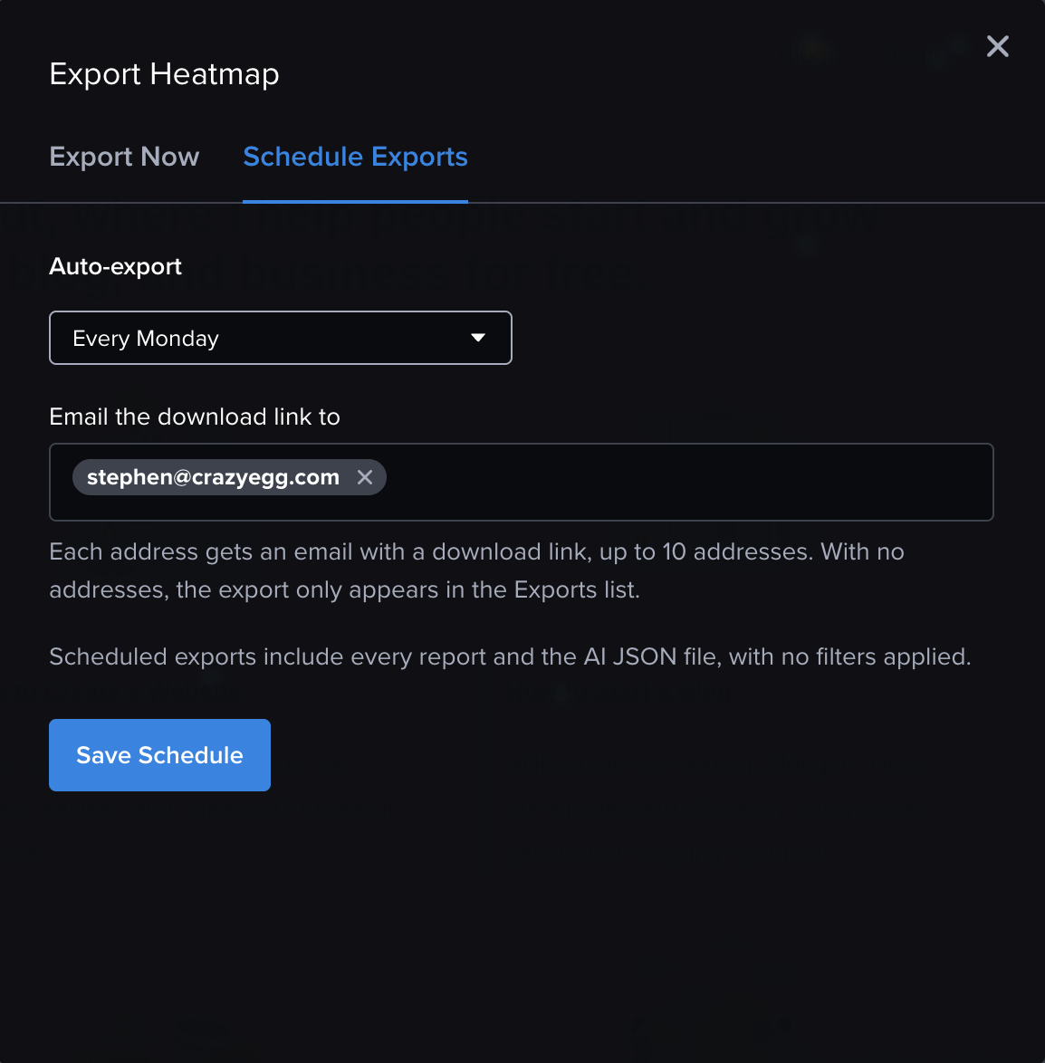 Screenshot of the "Schedule Export" feature in Crazy Egg's Heatmaps.
